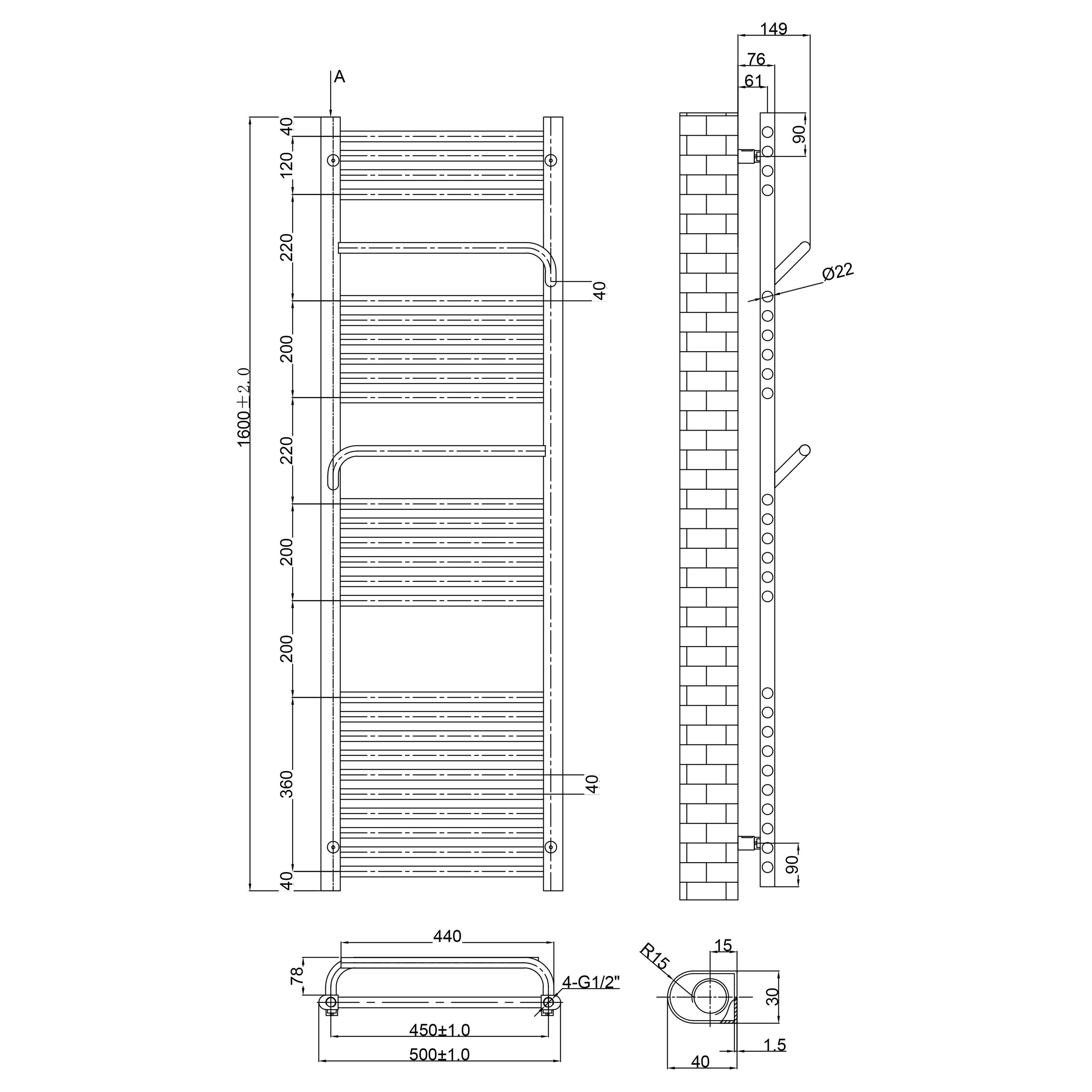 Toasty Wisp Chrome Heated Towel Rail - 1600 x 500mm