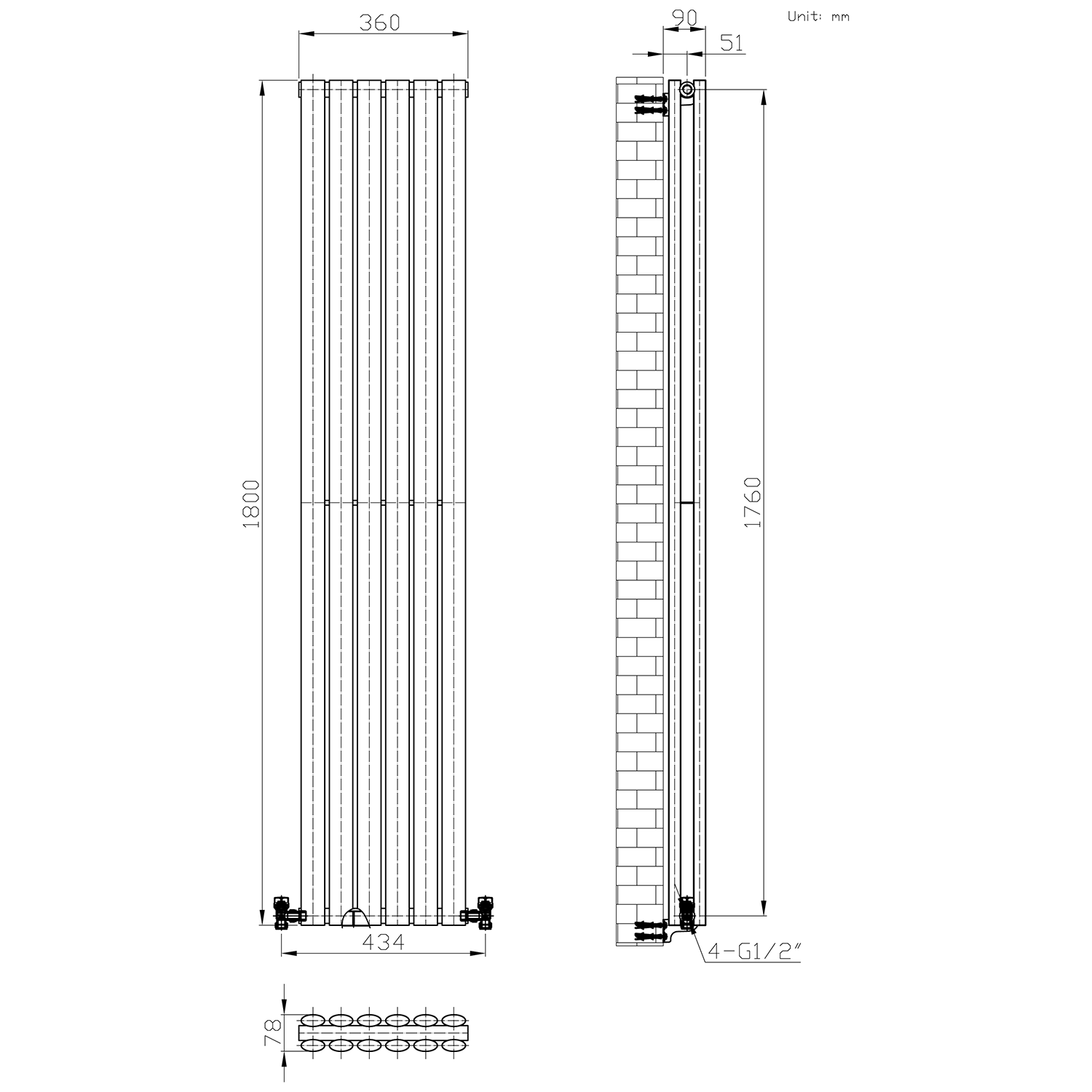 Brenton Oval Double Panel Vertical Radiator - 1800 x 360mm
