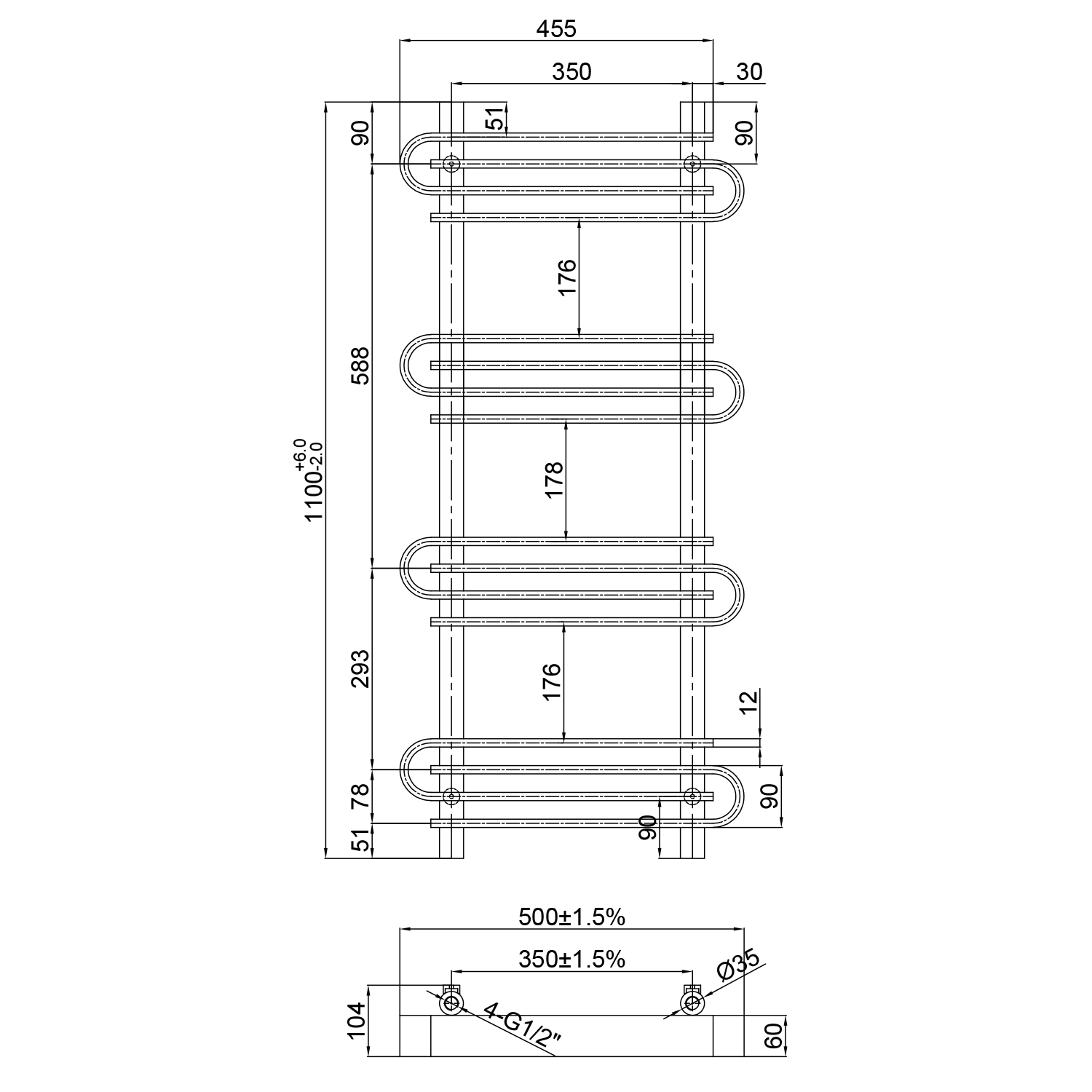 Toasty Sanctuary Matt Black Heated Towel Rail - 1100 x 500mm