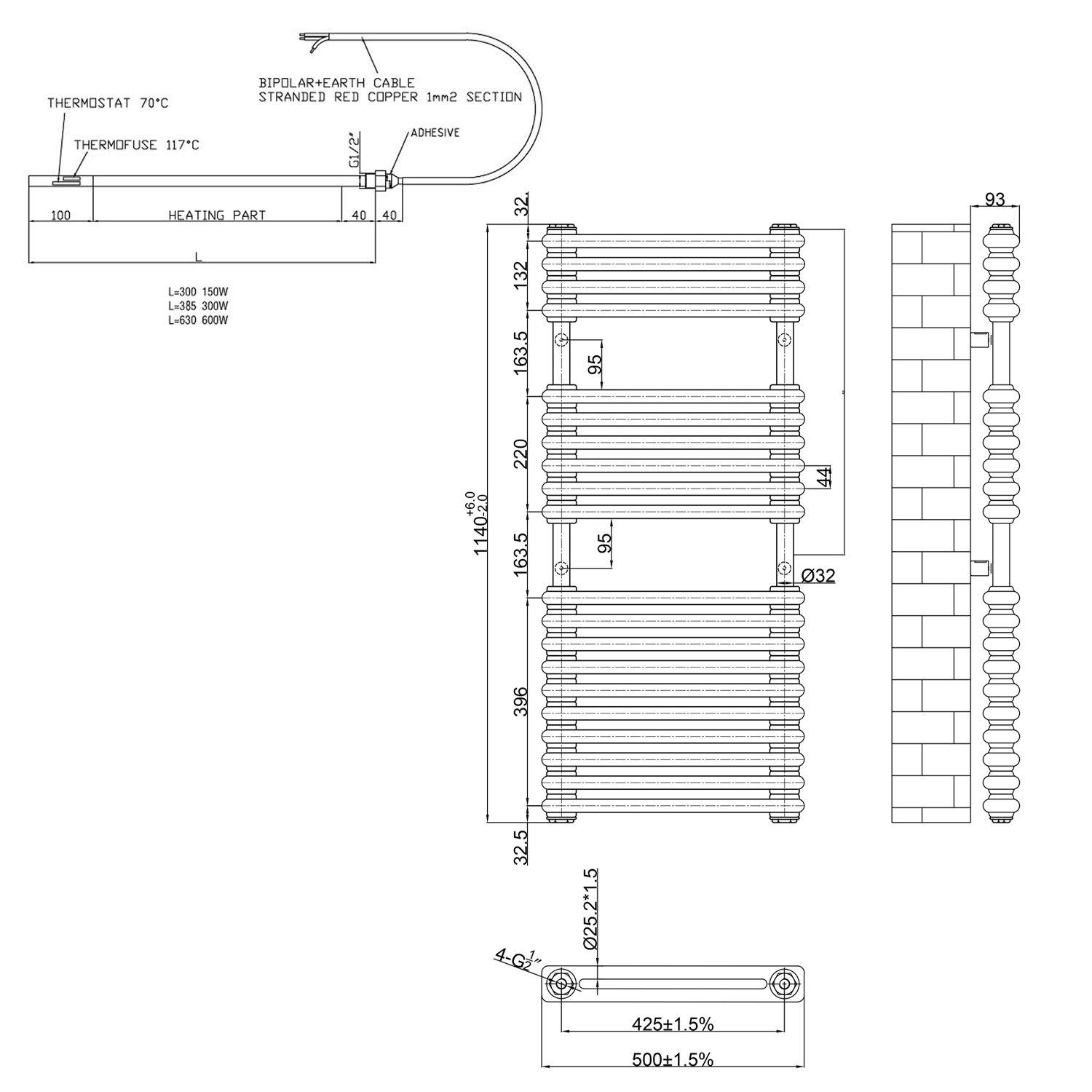 Toasty Montford White Traditional Column Electric Heated Towel Rail with Heating Element