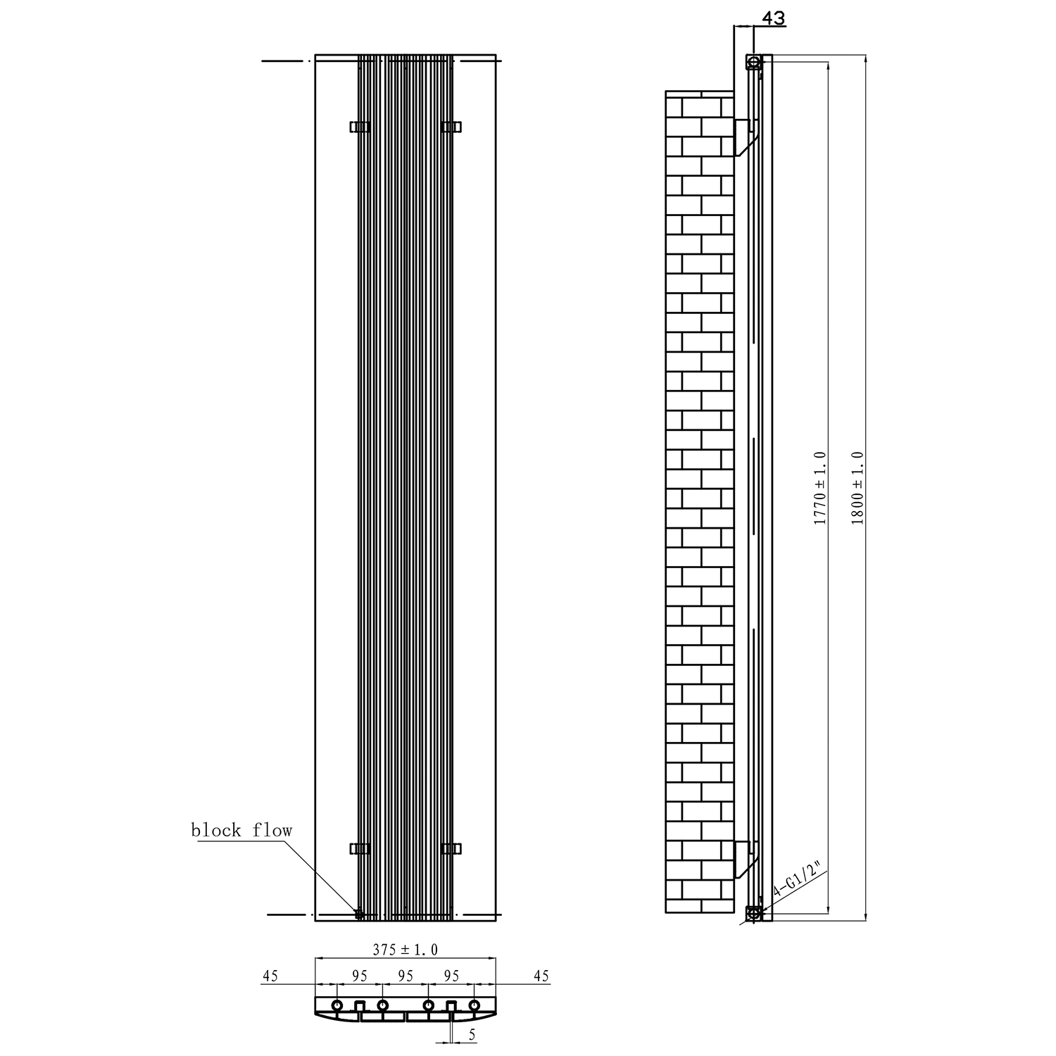 Toasty Drift Matt Black Vertical Aluminium Radiator - 1800 x 375mm