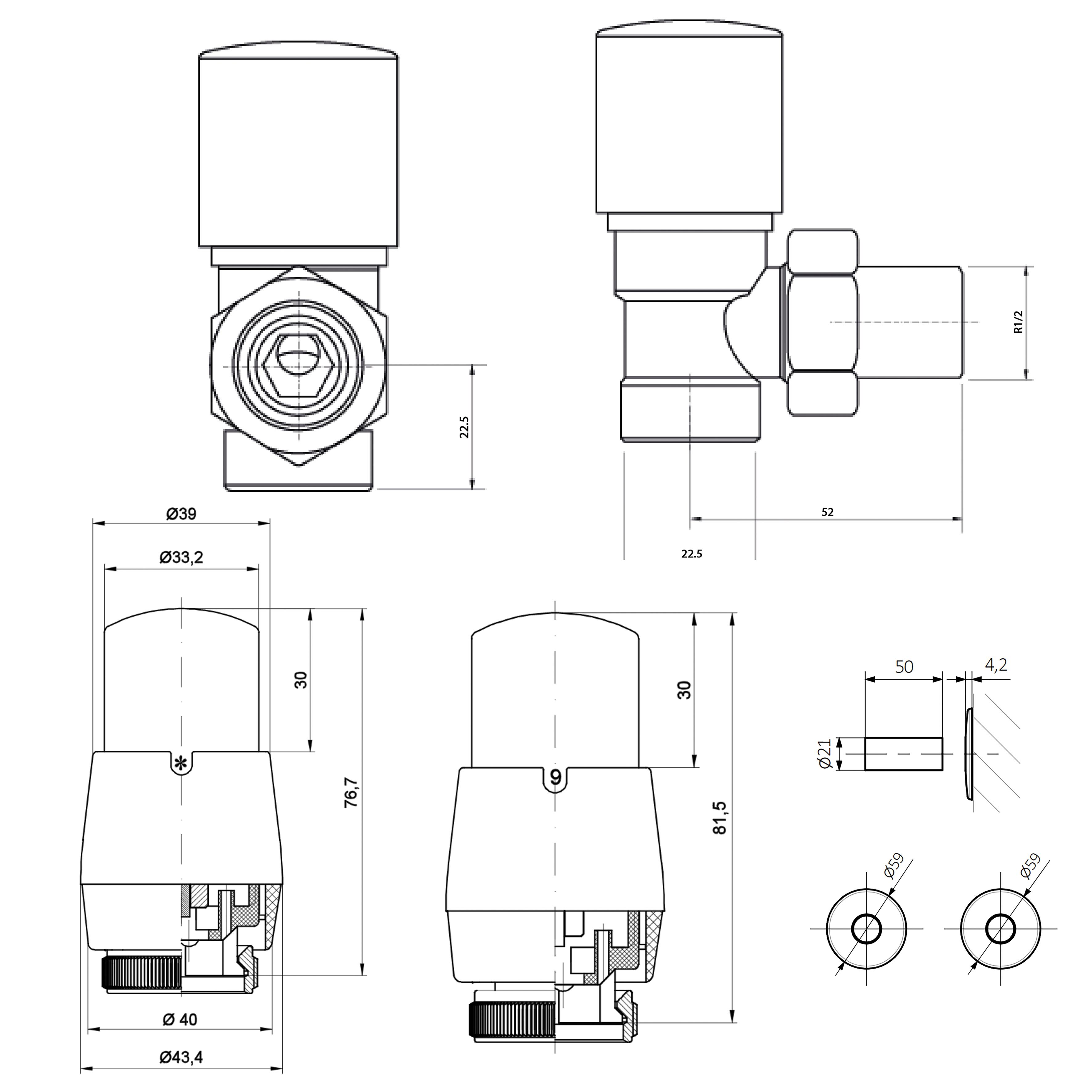 Terma Vario Royal Angled Thermostatic Valves with Pipe Masking Set
