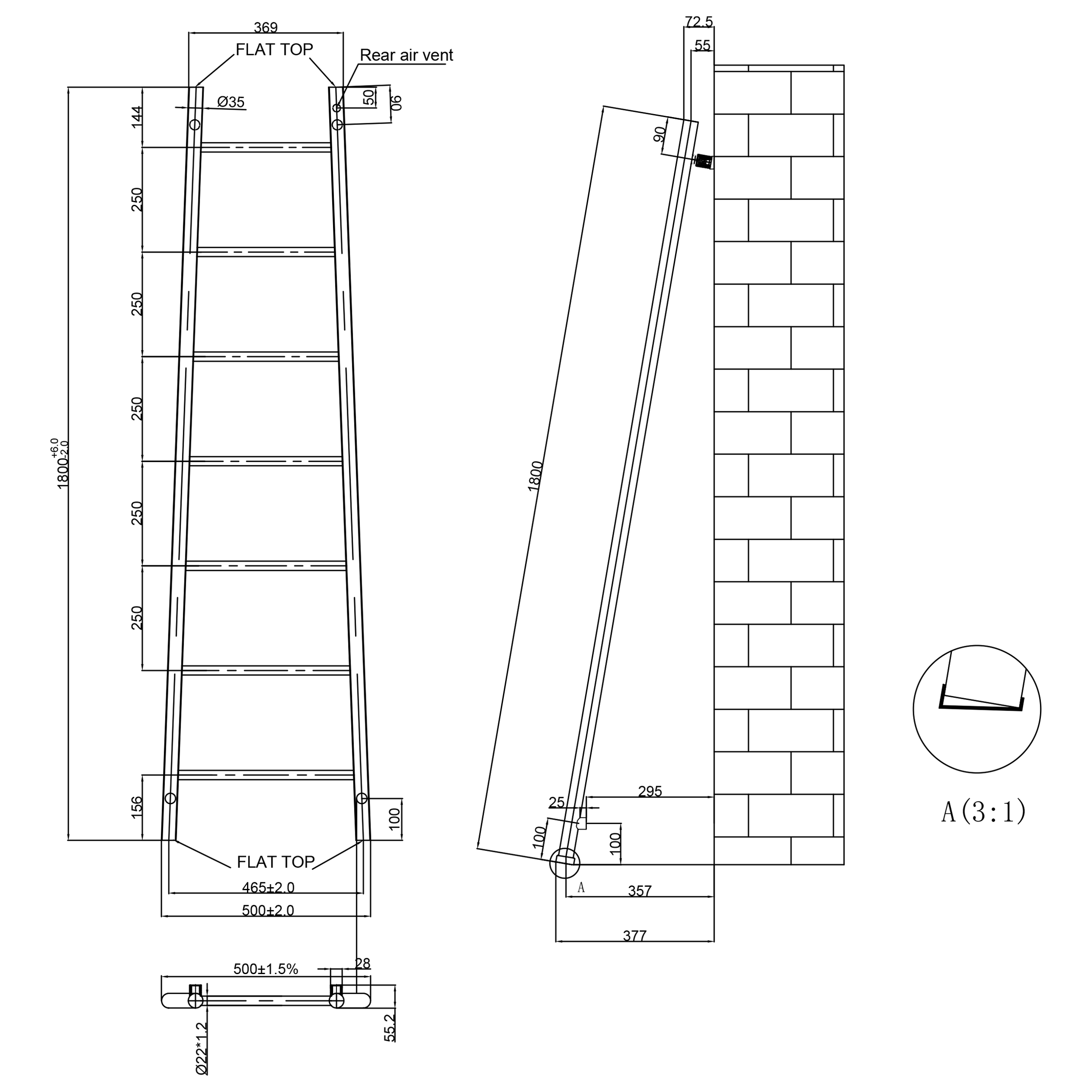 Toasty Oblique Brushed Brass Leaning Ladder Heated Towel Rail - 1800 x 500mm