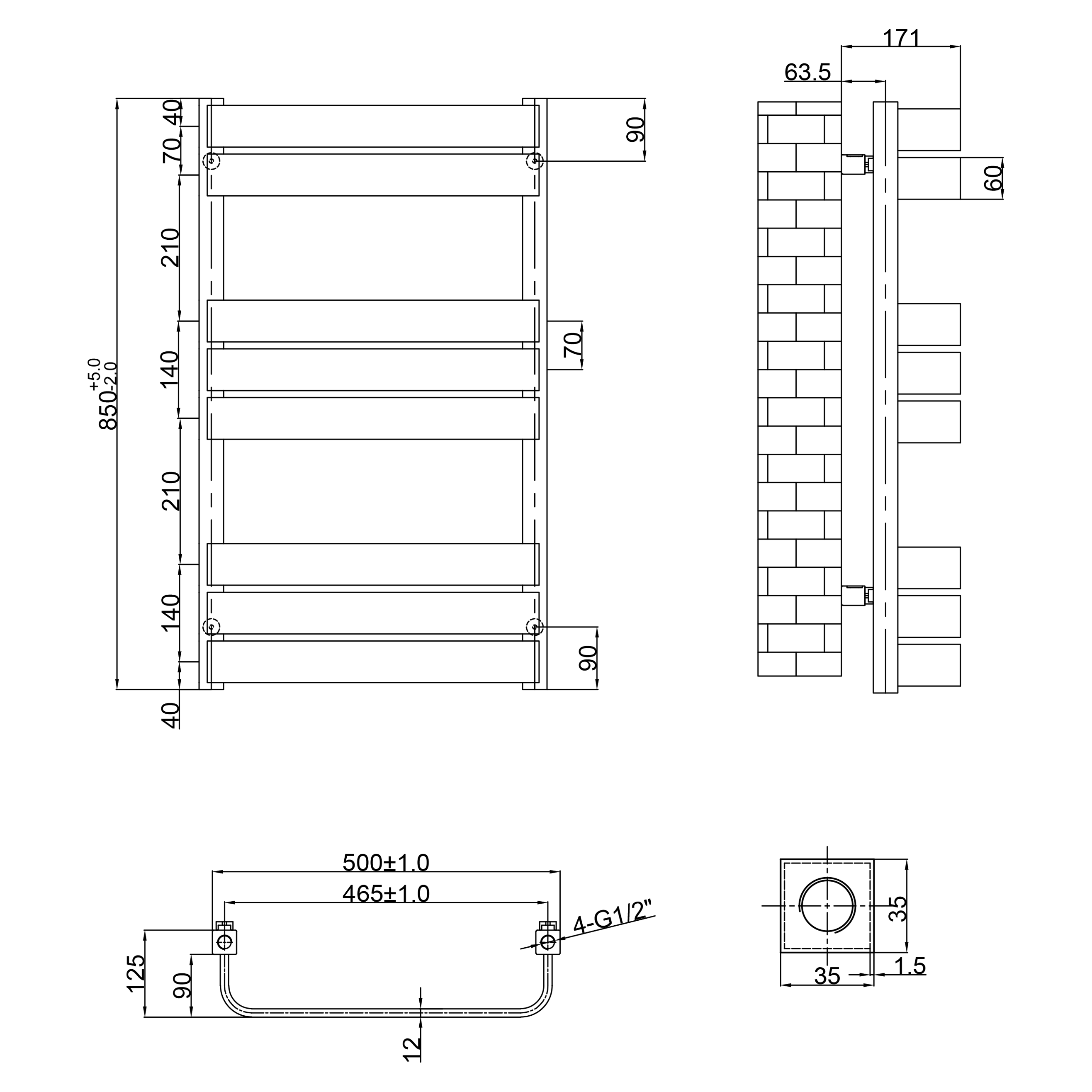 Toasty Studio Matt Black Heated Towel Rail - 850 x 500mm