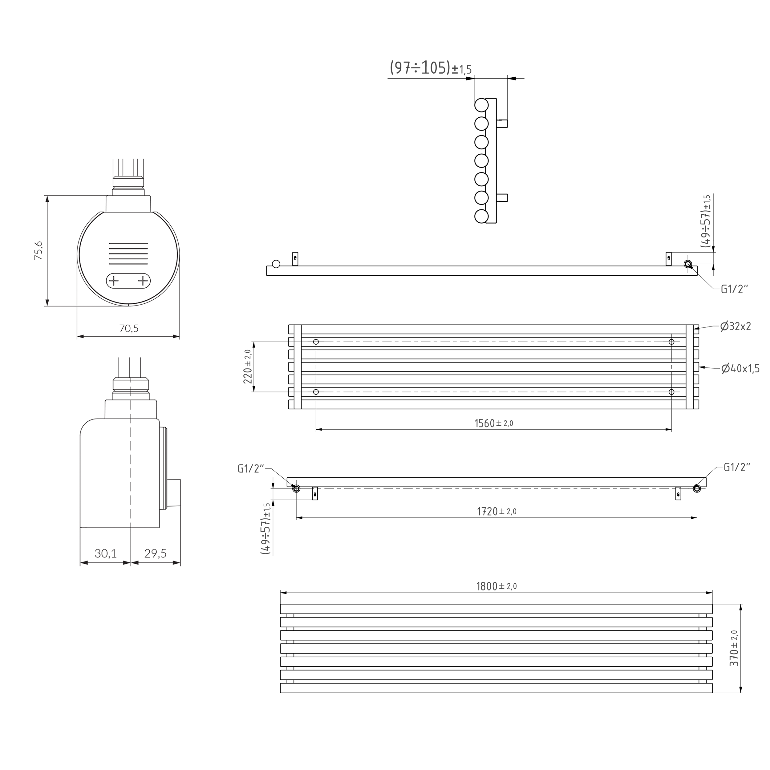 Terma Rolo Room E Single Panel 1800 x 370mm Electric Radiator with 800W Wi-Fi Controlled VEO Heating Element