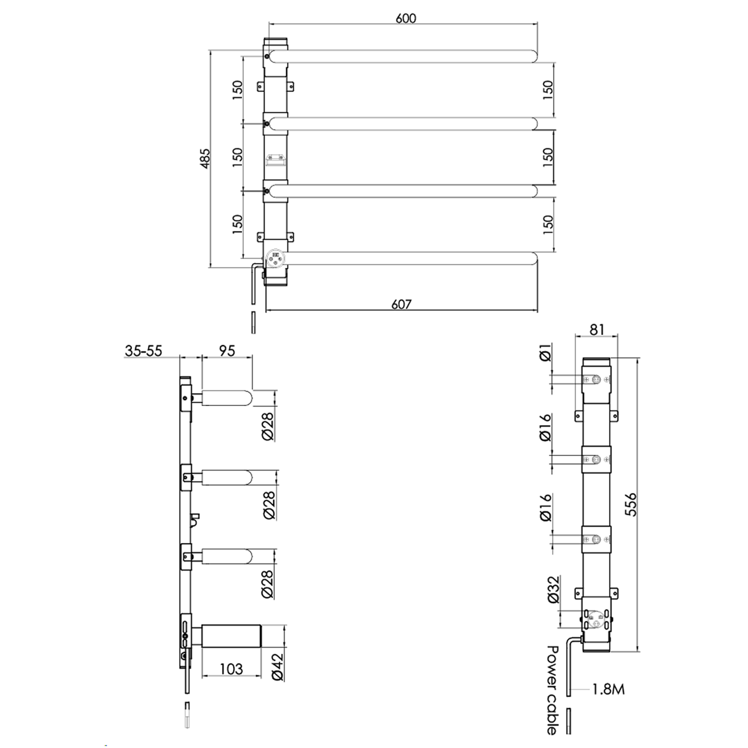 OBI Round Bar Heated Dry Electric Towel Rail