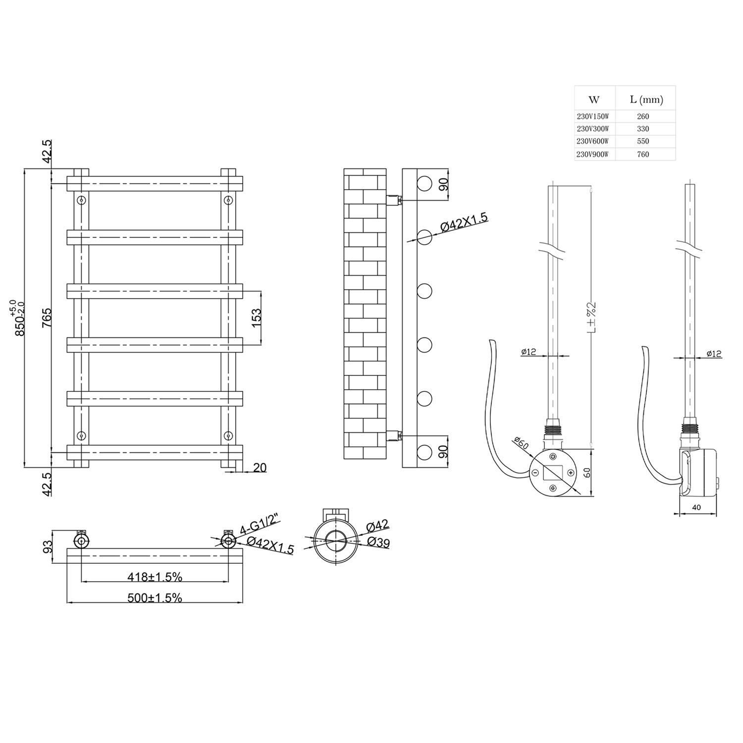 Toasty Yarrow Brushed Bronze Electric Heated Towel Rail with Heating Element