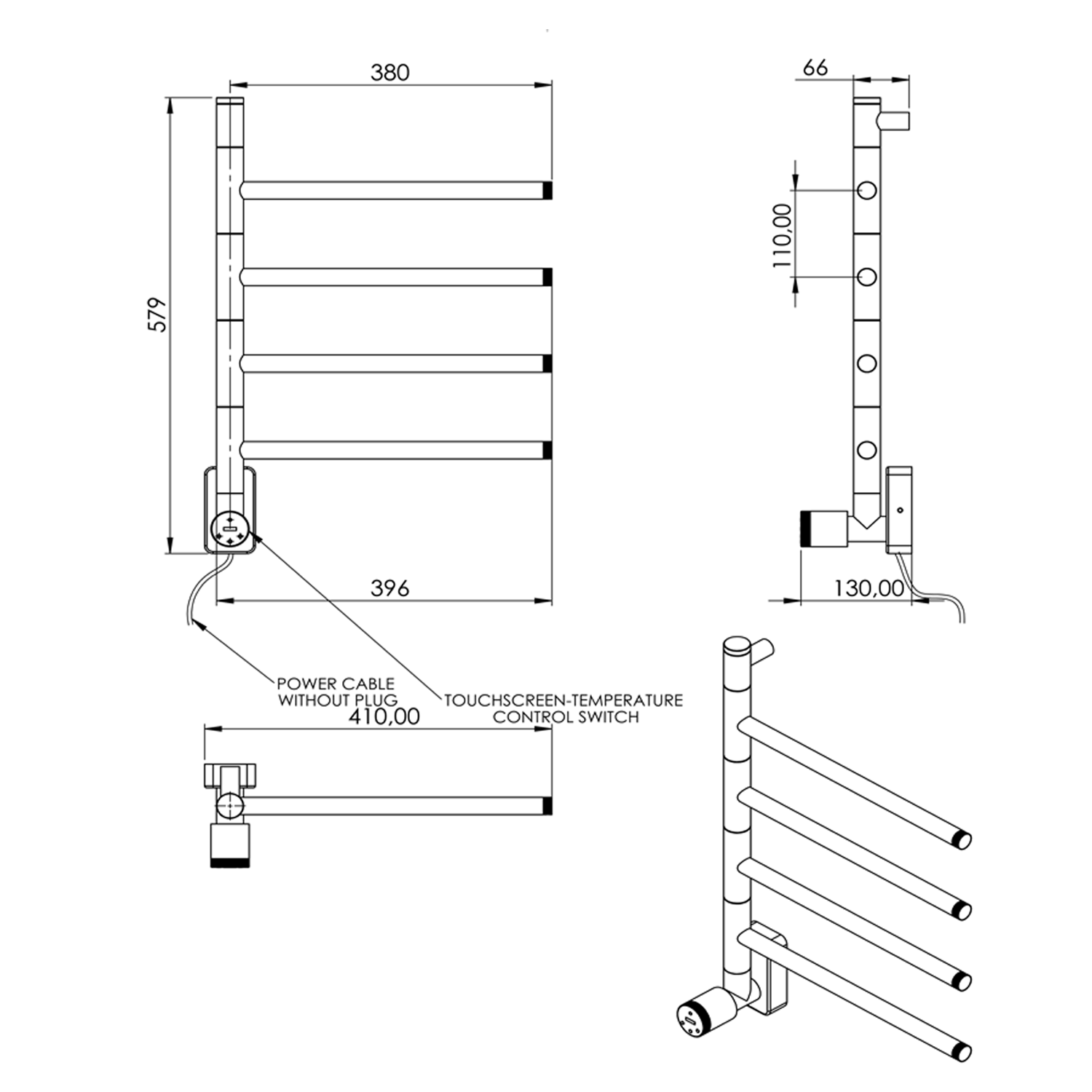Carisa Neo Stainless Steel Swivel Bar Electric Heated Towel Rail