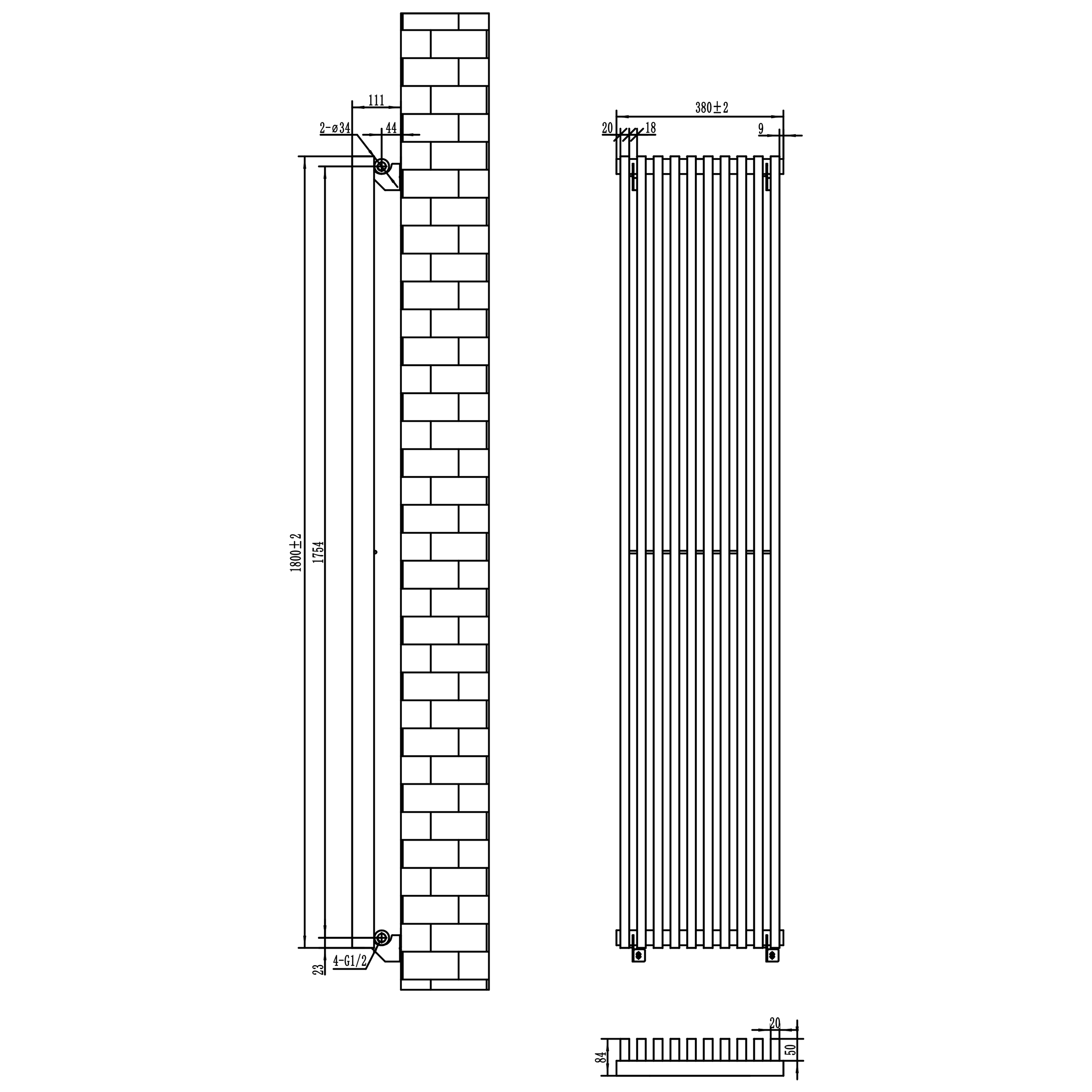 Toasty Axis Matt Black Rectangular Tube Vertical Radiator - 1800 x 380mm