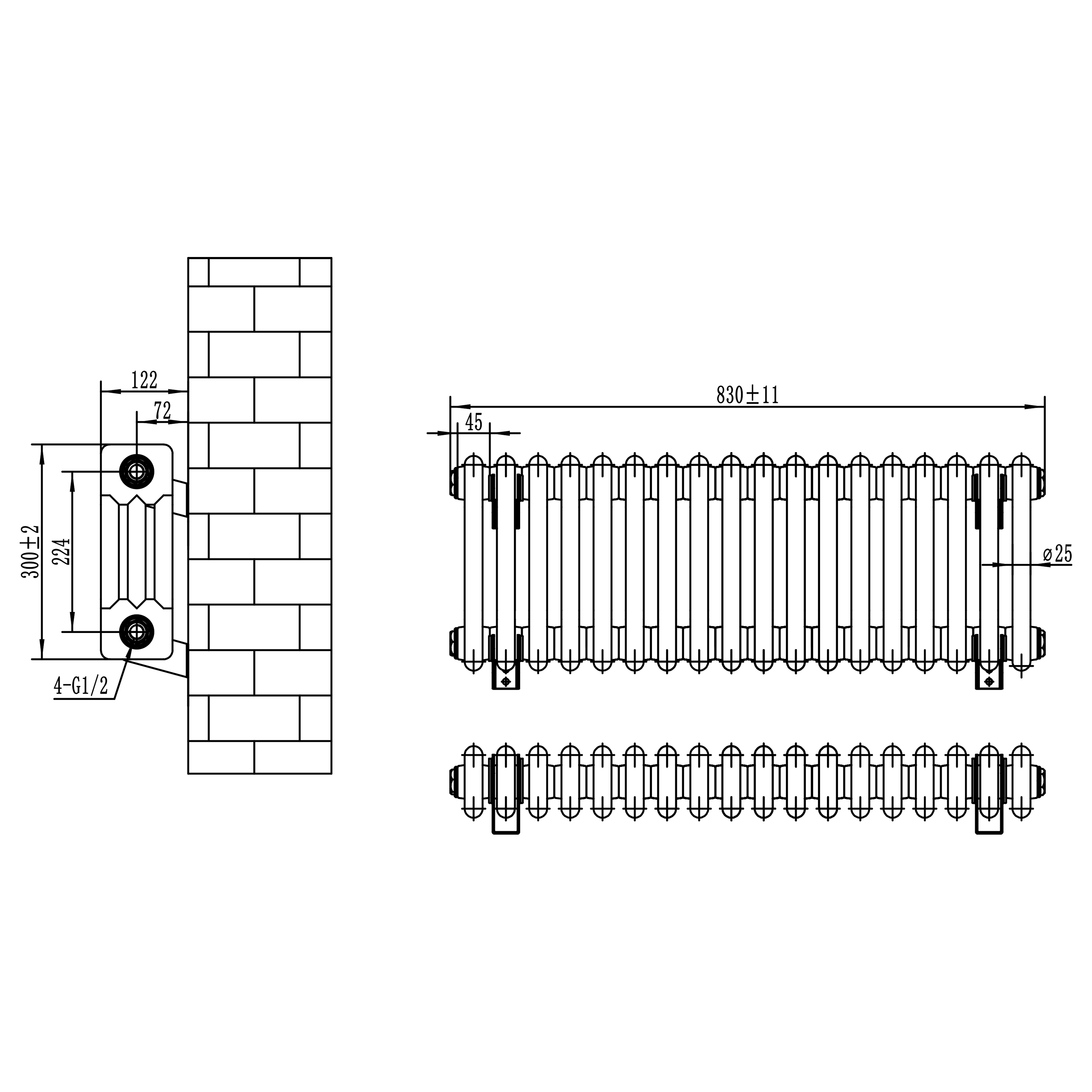 Toasty Ardleigh White Compact Horizontal 3 Column Radiator - 300mm Height