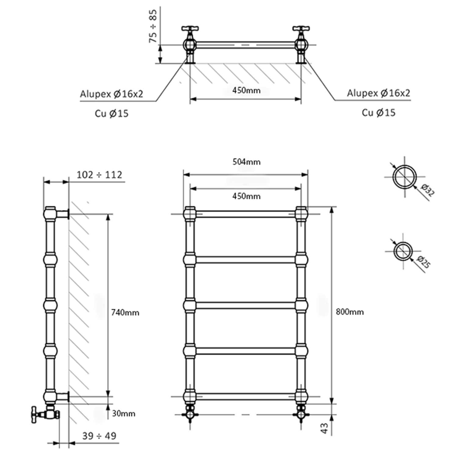 Terma Retro Designer Heated Towel Rail - Brushed Brass - 800 x 504mm