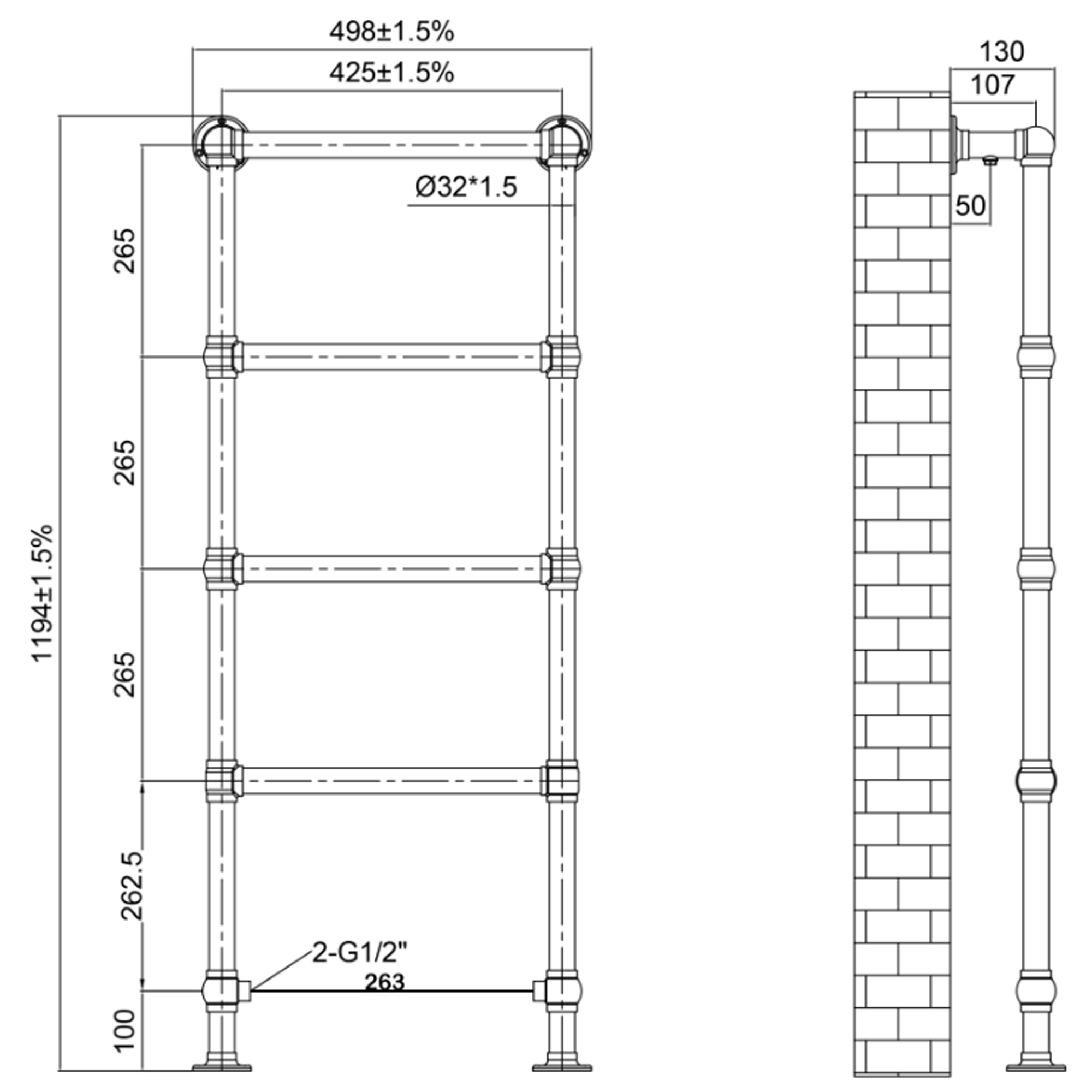 Toasty Merrin Brushed Brass Floorstanding Traditional Heated Towel Rail - 1195 x 500mm