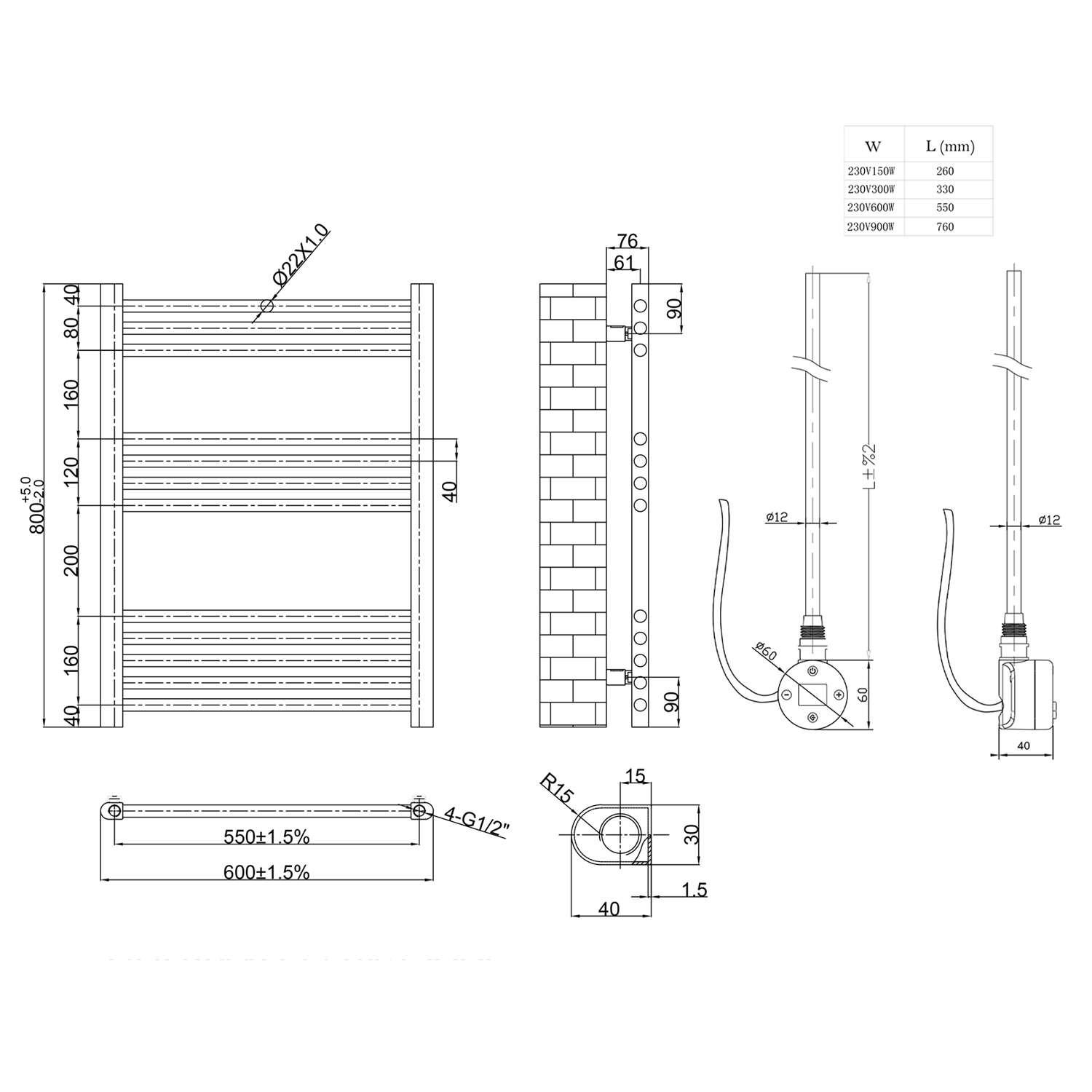 Toasty Glow Brushed Brass 22mm Electric Heated Ladder Towel Rail with Heating Element