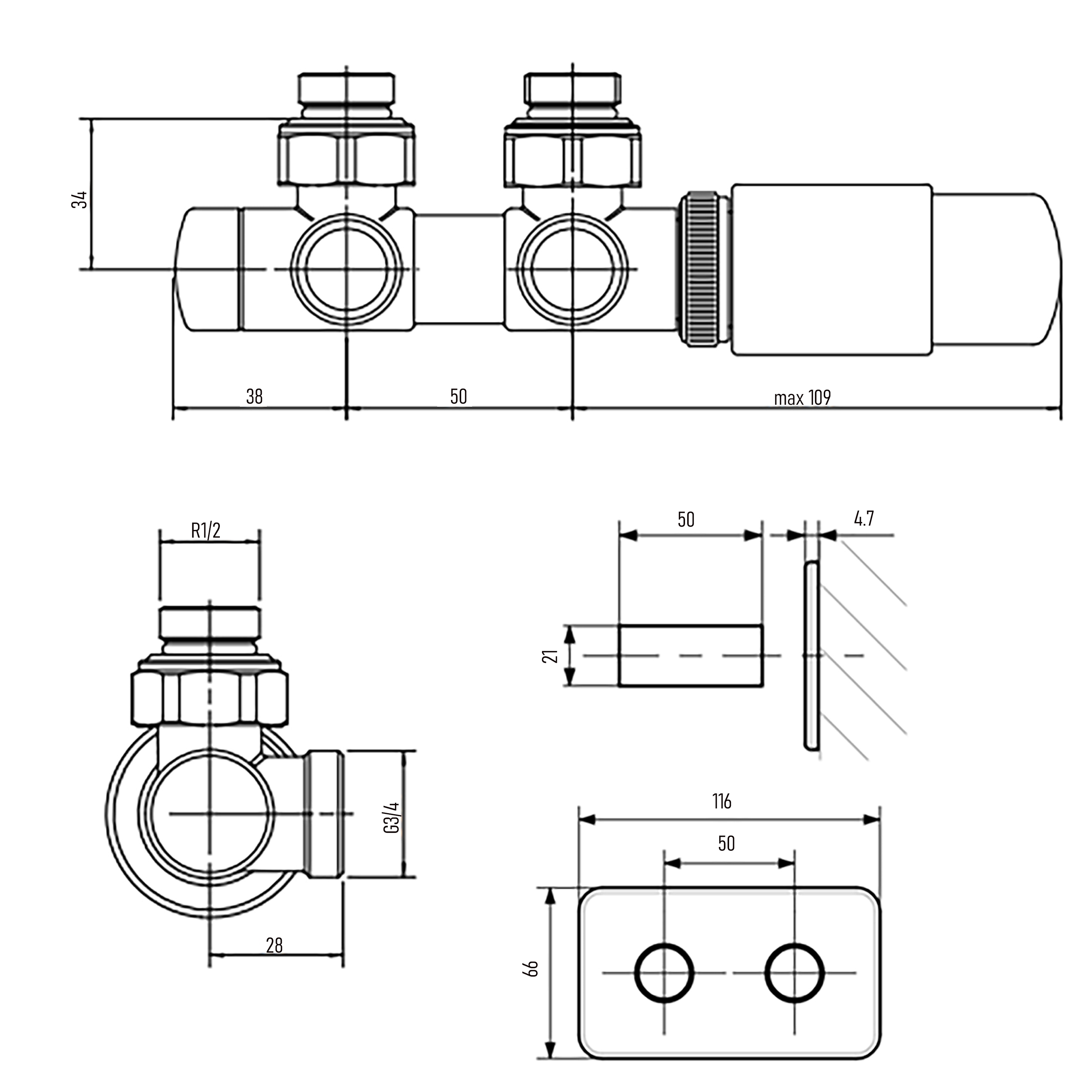 Terma Vario Twins All In One Integrated 50mm Thermostatic Valves & Pipe Masking Set