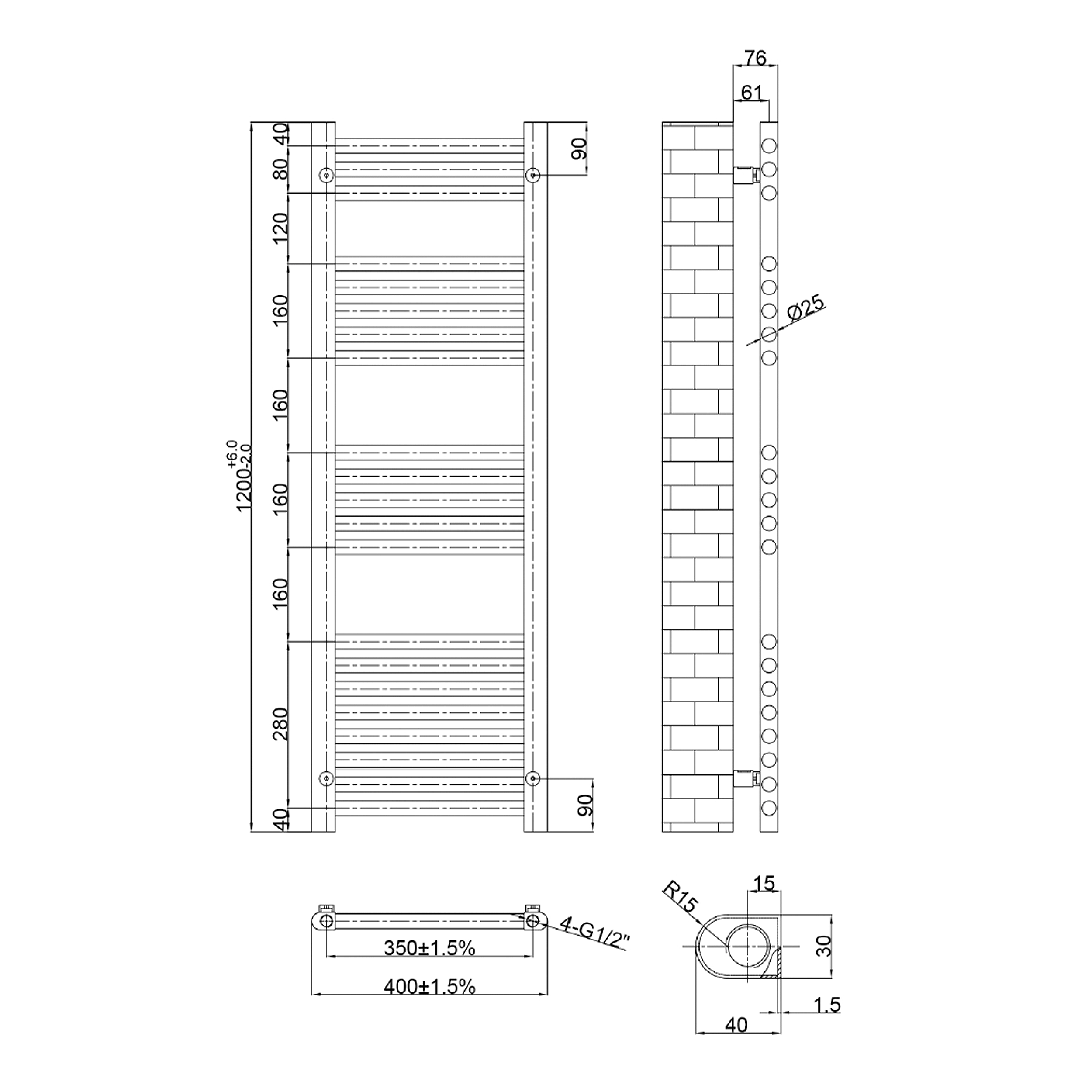 VOS 25mm Bars Ladder Heated Towel Rail