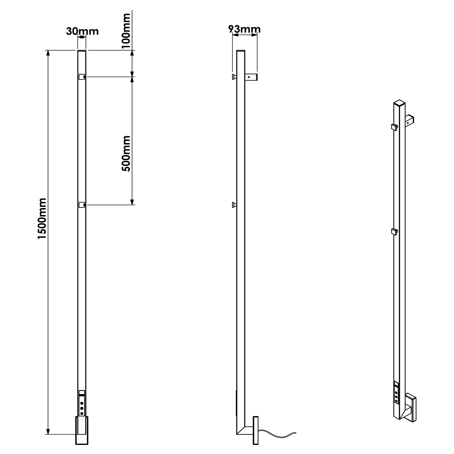 Carisa Maxim Stainless Steel Single Square Electric Heated Towel Bar