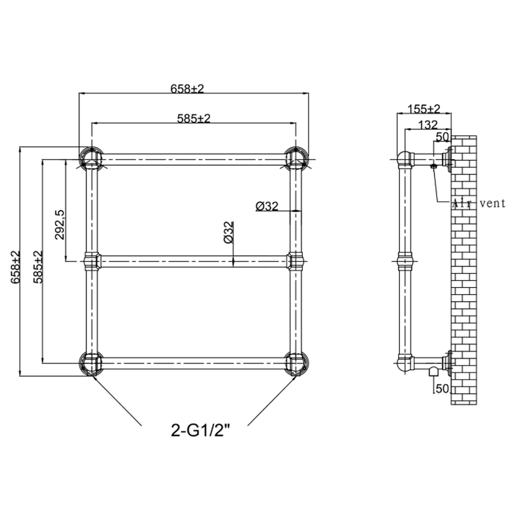 Toasty Merrin Brushed Brass Wall Hung Traditional Heated Towel Rail - 660 x 660mm