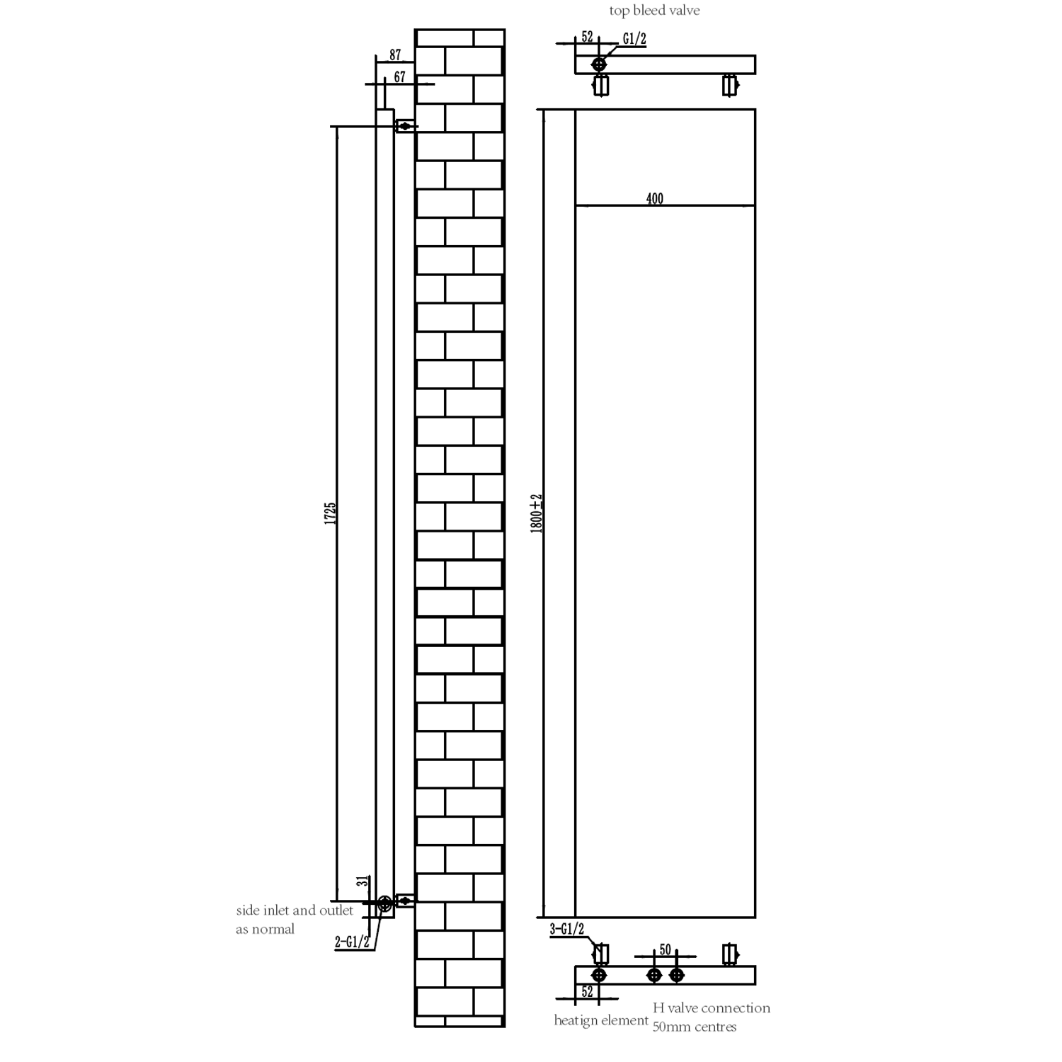 Toasty Surface White Flat Single Panel Vertical Radiator - 1800 x 400mm