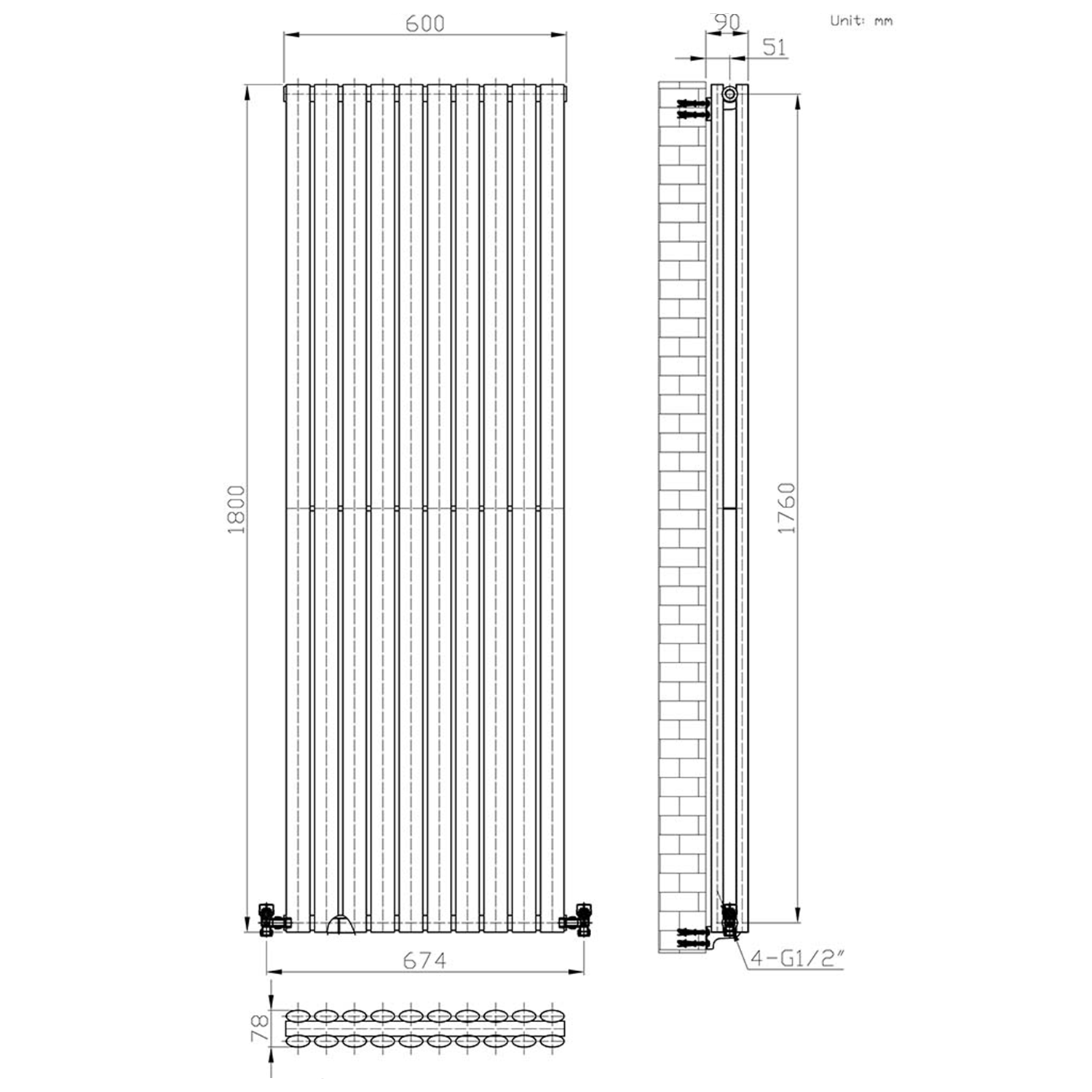 Brenton Oval Double Panel Vertical Radiator - 1800 x 600mm