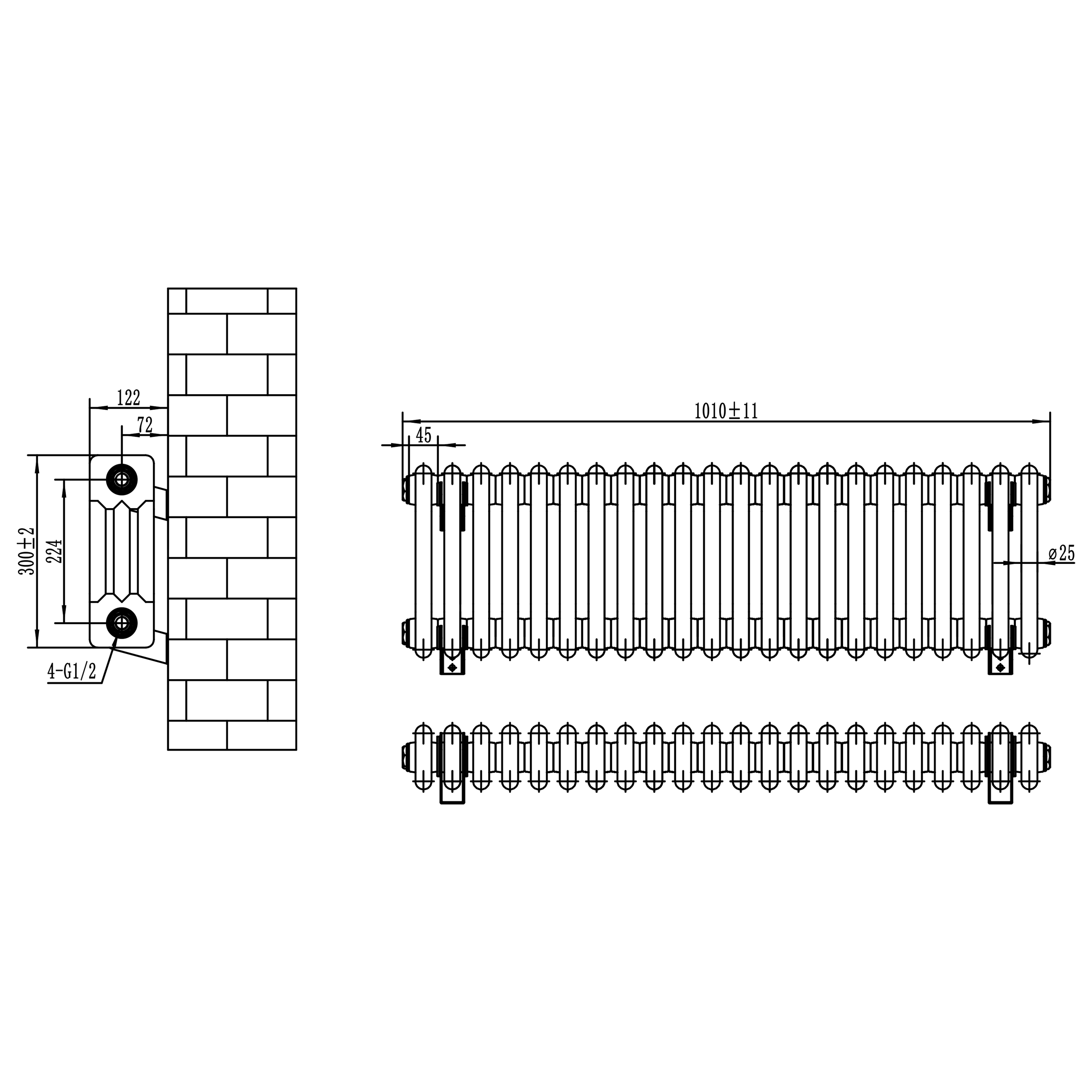 Toasty Ardleigh White Compact Horizontal 3 Column Radiator - 300mm Height